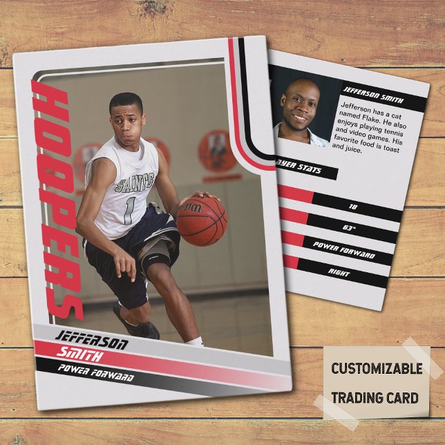 Basketball Player-kort för Anpassningsbar i svart  (Basketball Player Trading Card in Grey with custom team name and player name with Red stripes
)