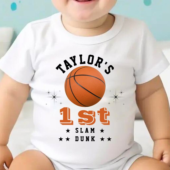 Basketball Slam dunk 1:a födelsedag Party T Shirt (Basketball Slam Dunk 1st Birthday Party Parent Baby Bodysuit)