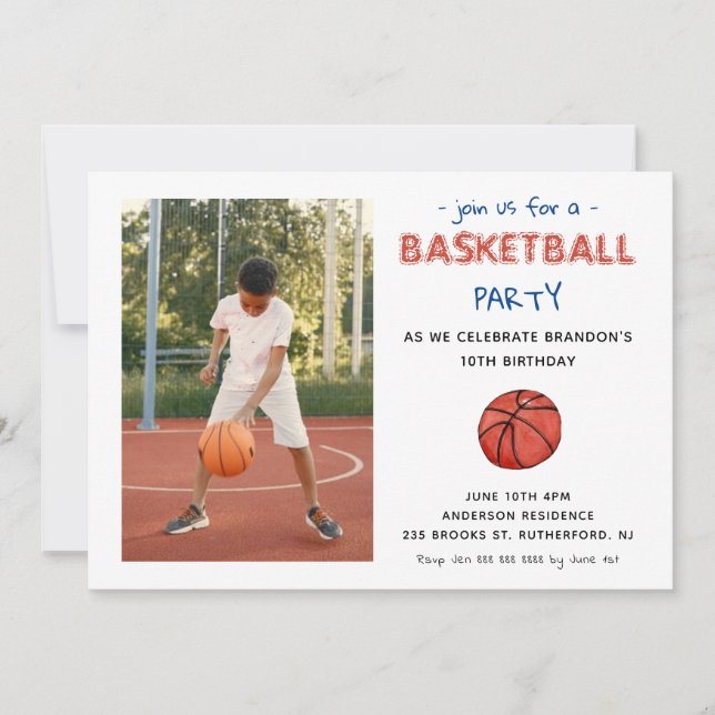 Basketball Sports Barns födelsedag fotoinbjudan Meddelande (Framsida)