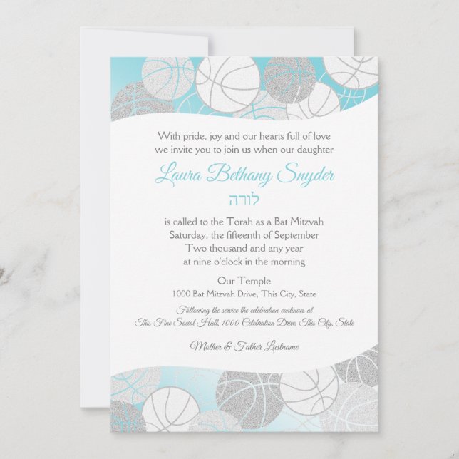 Basketball Sports Bat mitzvah Blue och Silver Inbjudningar (Framsida)