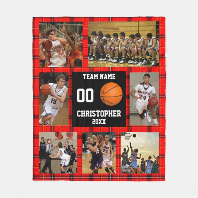 Basketball Team Photo Collage Red Tartan Fleecefilt (Framsidan)