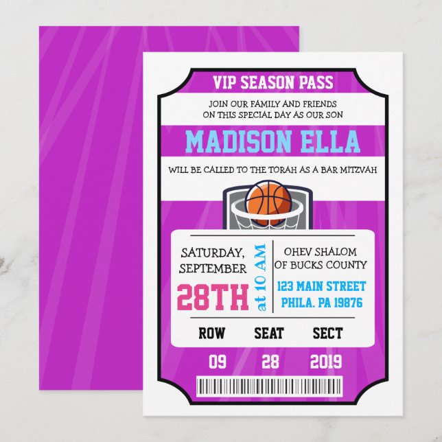 BASKETBALL VIP-BILJETT Bar Mitsva-inbjudan Inbjudningar (Fram/baksida)