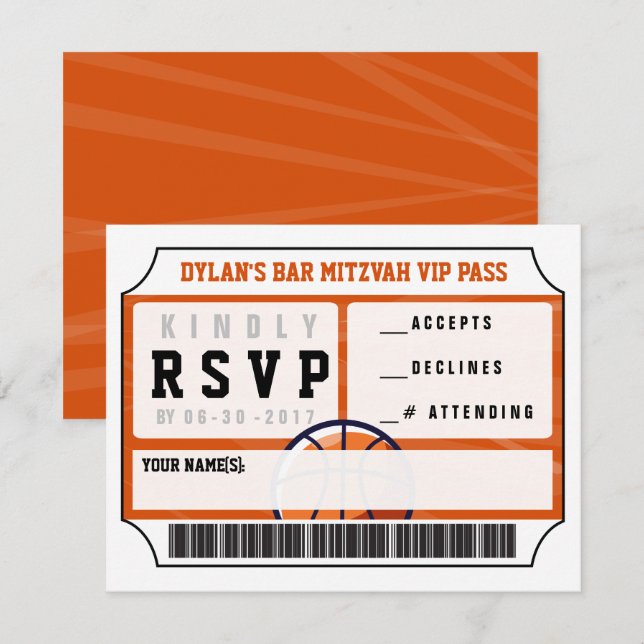 BASKETBALL VIP SVARKORT Bar Mitzvah Inbjudningar (Fram/baksida)