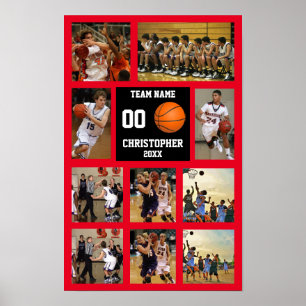 Basketboll 10 Fotokollage Rött lag namn Liten Poster