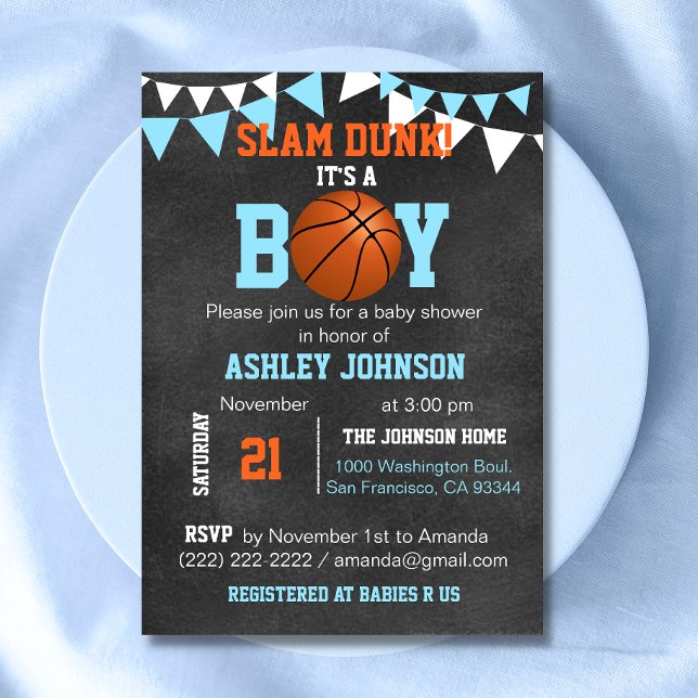 Basketboll för babyskor - inbjudningar till anpass (Custom Blue Boy Basketball Baby Shower Invitations)