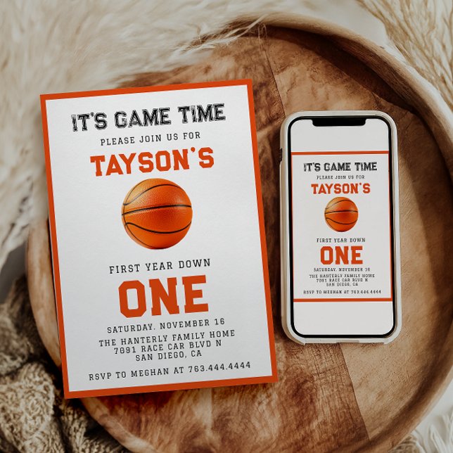 Basketboll första året nedåt 1:a födelsedag inbjudningar (Skapare uppladdad)