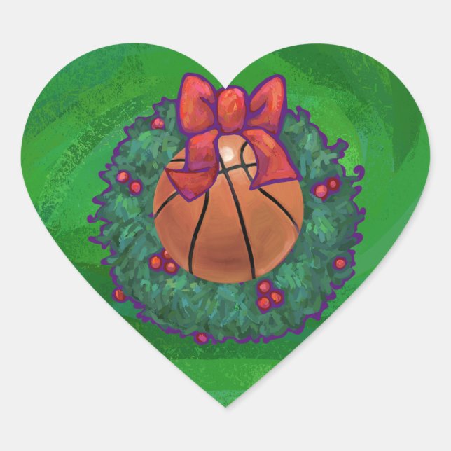 Basketboll i julfransen hjärtformat klistermärke (Framsida)