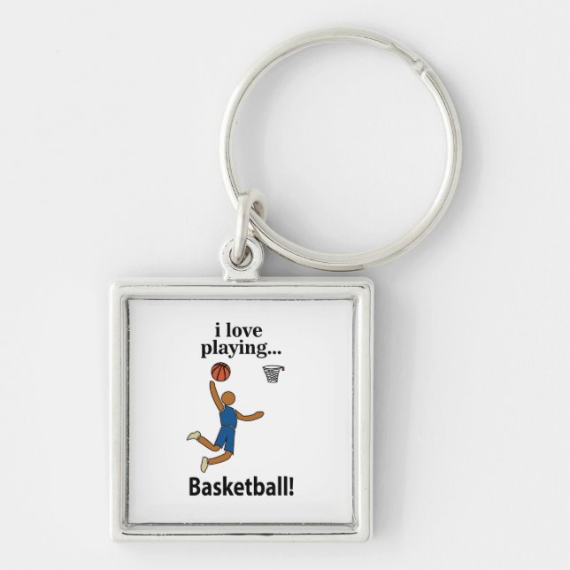 Basketboll Jag älskar att spela basketboll Fyrkantig Silverfärgad Nyckelring (Framsidan)