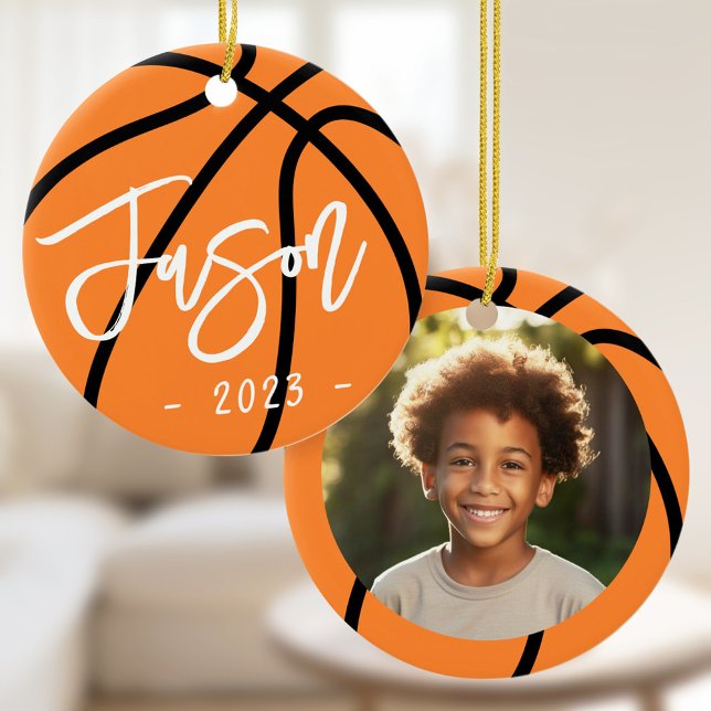 Basketboll lägg till anpassningsbar foto julgransprydnad keramik (Basketball add custom photo ceramic ornament)
