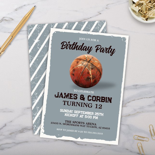 Basketboll med dubbla Födelsedagsfester Inbjudningar (Modern vintage basketball theme double birthday party invitation or boy birthday party invites)