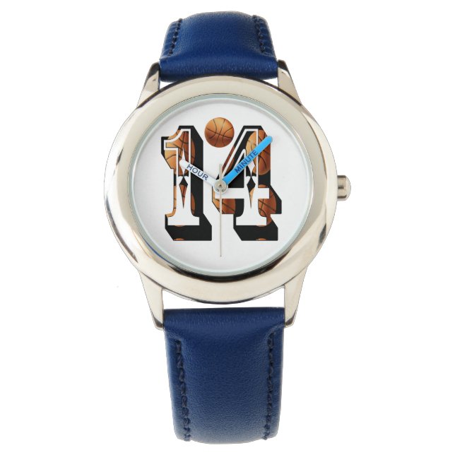 Basketboll nummer 14 Kids Leather Watch, Armbandsur (Framsida)