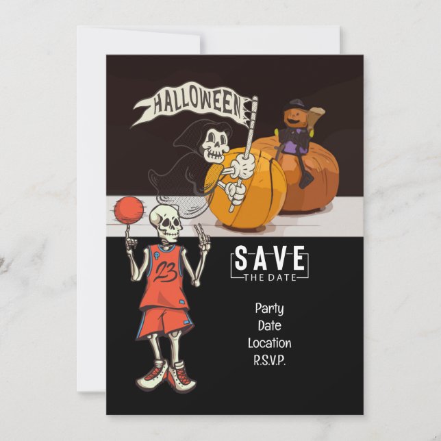 Basketboll och spökhalloween inbjudningar (Framsida)