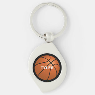 Basketboll på Black Background, White Namn Swirl Silverfärgad Nyckelring