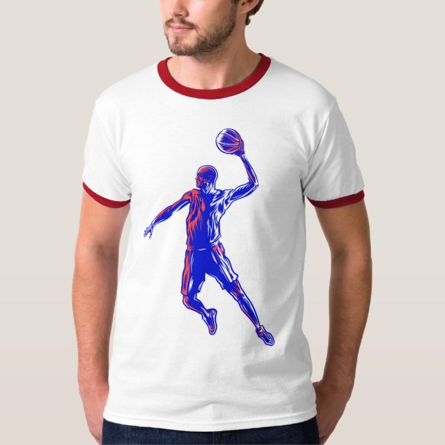 Basketboll Player Slam dunk, Red and Blue Design T Shirt (Framsida)