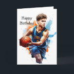 Basketboll Player Watercolor Grattis på födelsedag Kort<br><div class="desc">Dribble, shot, score, repetition! Vårt födelsedagskort fångar spelets spänning med en levande bild av en ung spelare som slår till i domstolen. Oavsett om de är en säsongsbetonad spelare eller en passionerad fläkt är det här kortet ett garanterat slam dunk. Anpassa meddelandet inuti för att lägga till den personliga beröringen...</div>