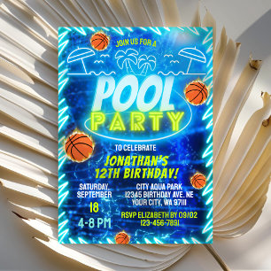 Basketboll Poolparty Neon Glöd Blå Pojkar Födelsed Inbjudningar