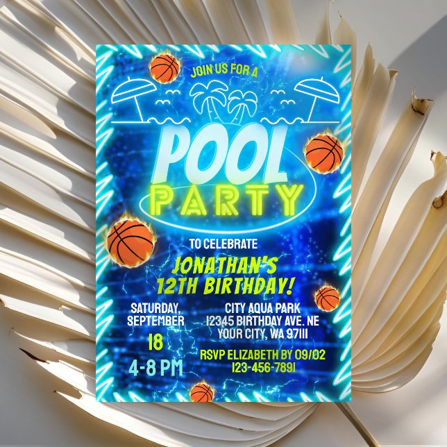 Basketboll Poolparty Neon Glöd Blå Pojkar Födelsed Inbjudningar (Skapare uppladdad)