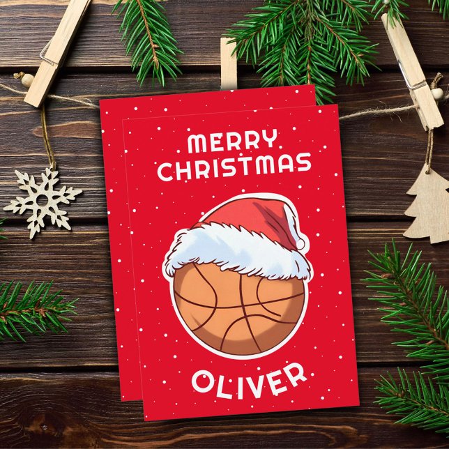 Basketboll Röd Tomteluva Jul Barn Namn  Julkort (Skapare uppladdad)