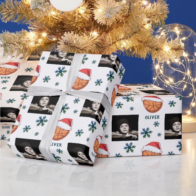 Basketboll Santa Hatt Snöflinga Namn Foto Presentpapper (Helgdagar)