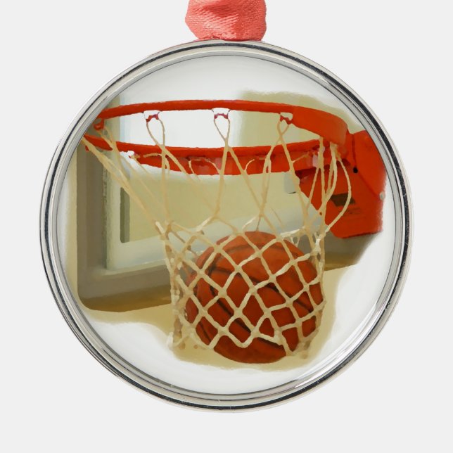 Basketboll som faller genom ring julgransprydnad metall (Framsidan)