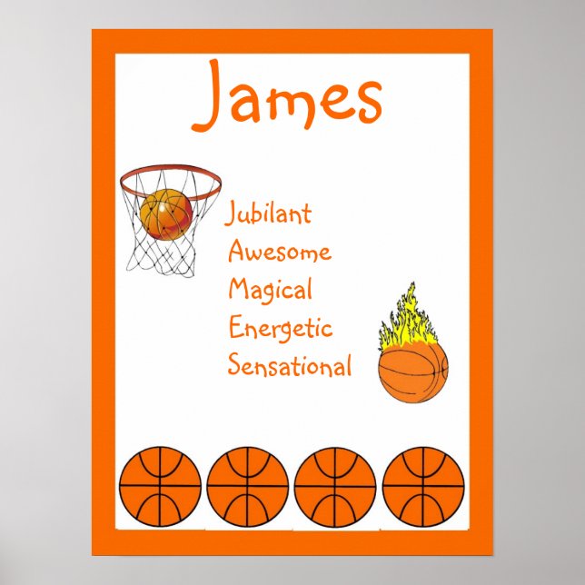 Basketboll Sport barn Rum Dekoration Namn Konsttry Poster (Framsidan)