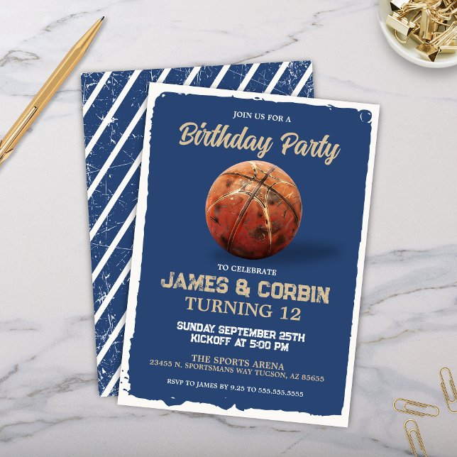 Basketboll, tema, Dubbla, Födelsedagsfest Inbjudningar (Blue Basketball Theme Dual Double Birthday Parrty Invitation Boys Birthday Invites)