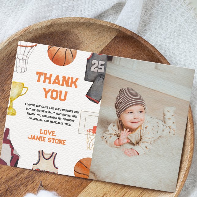 Basketboll Vattenfärg Pojkar 1-års födelsedag Tack Kort (Basketball 1st birthday thank you card)