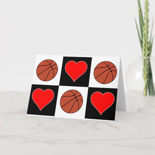 Basketbollar och Hearts Cute Checker Mönster Hälsn Kort (Framsida)