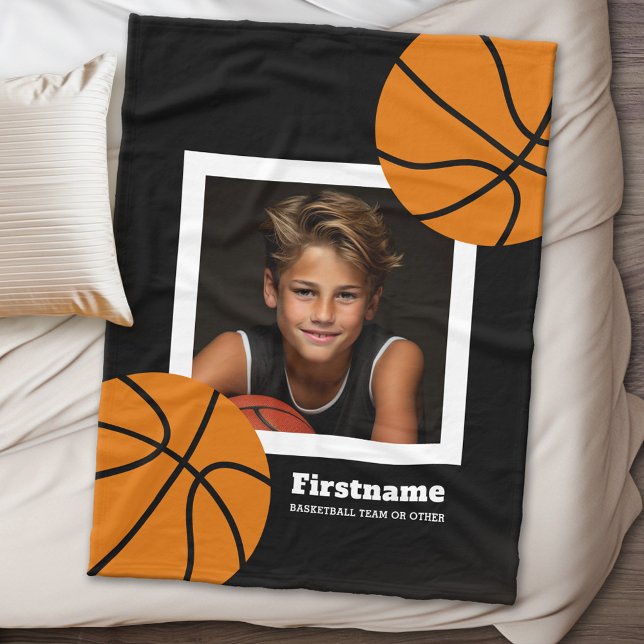Basketbollfoto - lägg till ditt namn - Kan rediger Fleecefilt (Personalized fleece blanket - Sports Theme - basketball photo)