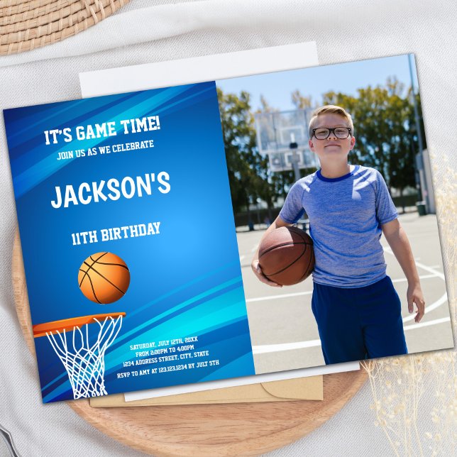 Basketbollinbjudningar med foto från Basket Blue b Inbjudningar (Basket Blue back Basketball Invitations with photo)