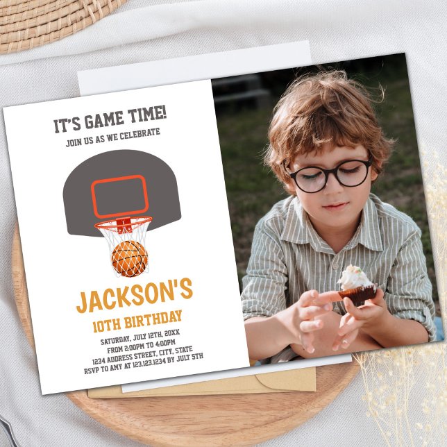 Basketbollinbjudningar till Basket Orange med foto Inbjudningar (Basket Orange Ball Basketball Invitations w photo)