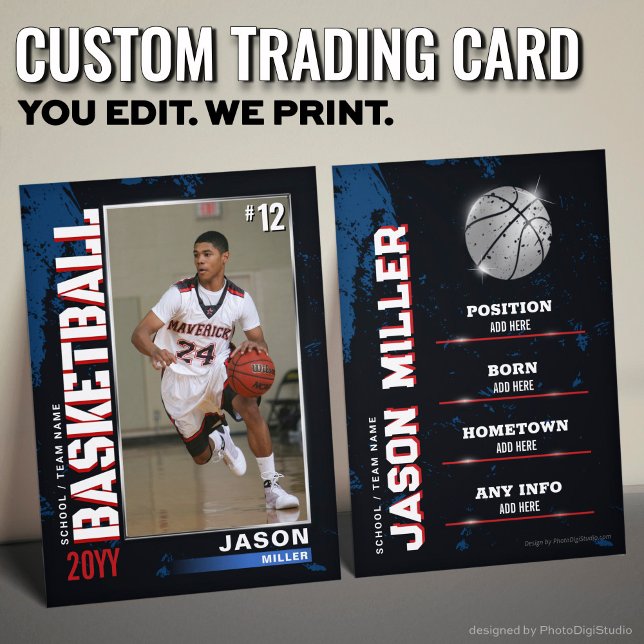 Basketbollkort, Basketball Player-kort (Custom Basketball Trading Card, US Blue Red Player Calling Card)