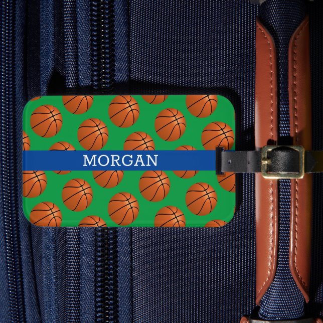 Basketbollmönster, Vitt Namn, Blått & Grönt Bagagebricka (Framsida Insitu 4)