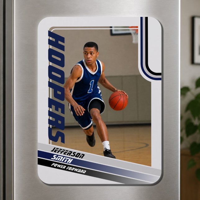 Basketbollspelare Anpassad Grå Blå Foto Magnet (Bold grey & blue basketball photo magnet, personalized with your own photo.)