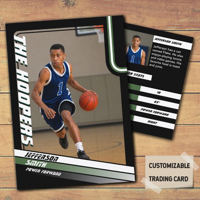 Basketbollspelare Anpassad Svart Byteskort Grön (Basketball Player Trading Card in Black with custom team name and player name with Green stripes)