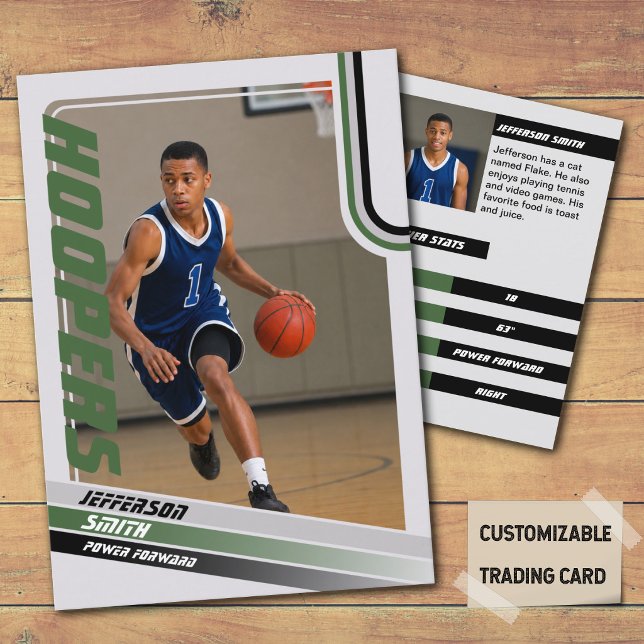 Basketbollspelare Anpassad Trading Card Svart Grön (Basketball Player Trading Card in Grey with custom team name and player name with Green stripes)