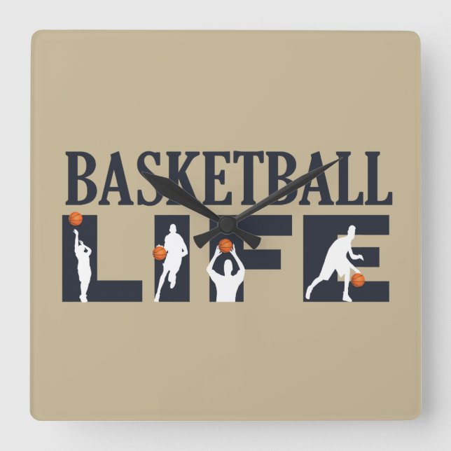 Basketbollspelare som borrar med orange boll fyrkantig klocka (Framsida)