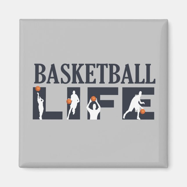Basketbollspelare som borrar med orange boll magnet (Framsidan)