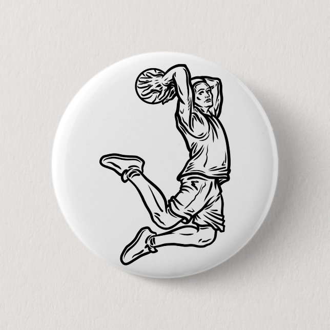 Basketbollspelare som gör Slam dunk Mörk Design Knapp (Framsida)