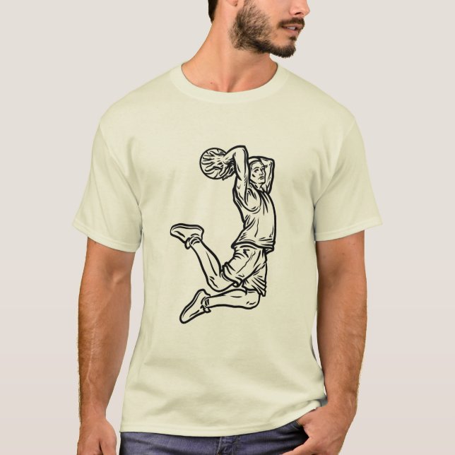Basketbollspelare som gör Slam dunk Mörk Design T Shirt (Framsida)