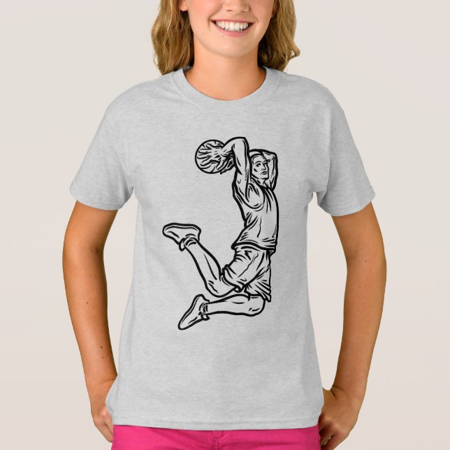 Basketbollspelare som gör Slam dunk Mörk Design T Shirt (Framsida)