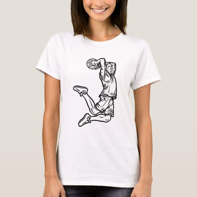 Basketbollspelare som gör Slam dunk Mörk Design T Shirt (Framsida)