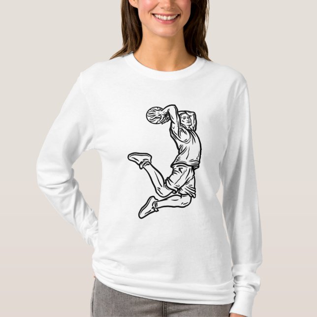 Basketbollspelare som gör Slam dunk Mörk Design T Shirt (Framsida)