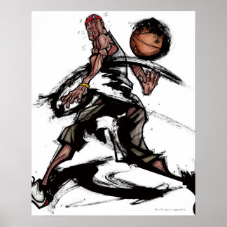 Basketbollspelare som leker med basket poster
