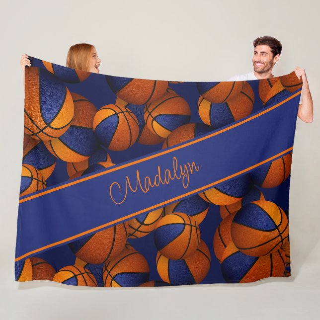 basketbullar mönster blå orange hennes team färg fleecefilt (På plats)