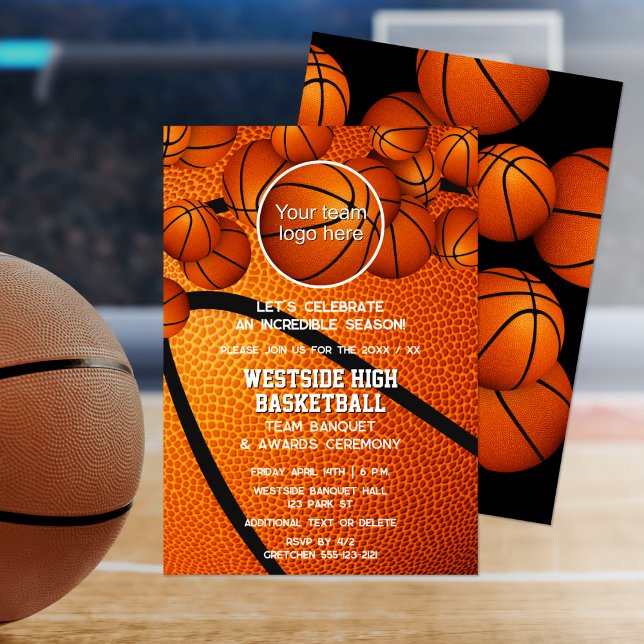 Basketlaget - logotyp av prisutdelningar inbjudningar (Basketball team party invitation, front & back views)