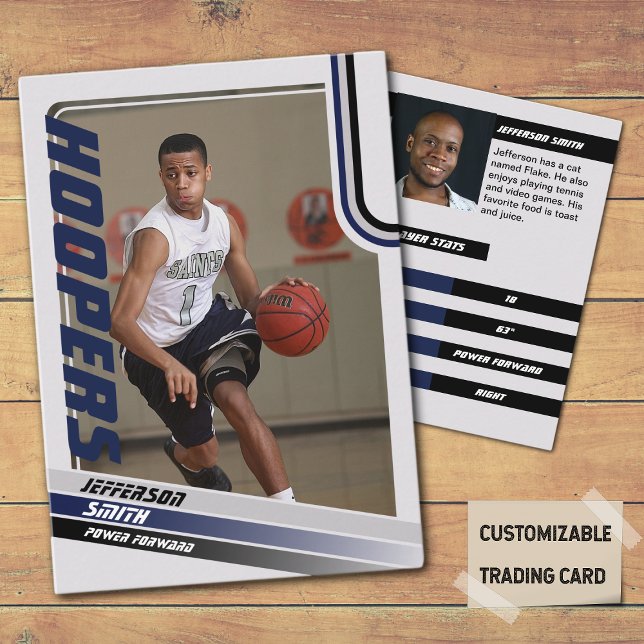 Basketspelare Anpassad Handels Kort Svart Blå (Basketball Player Trading Card in Grey with custom team name and player name with Blue stripes
)