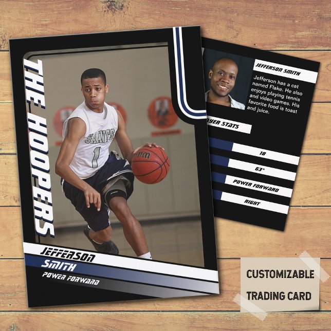 Basketspelare Anpassad Svart Handels Kort Blå (Basketball Player Trading Card in Black with custom team name and player name with Blue stripes
)