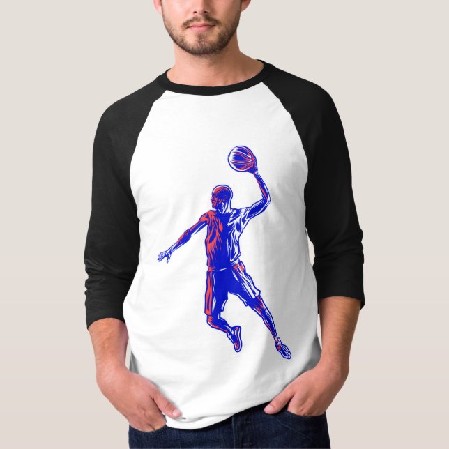 Basketspelare Slam Dunk, röd och blå design T Shirt (Framsida)
