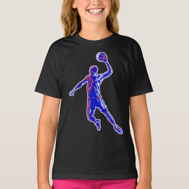 Basketspelare Slam Dunk, röd och blå design T Shirt (Framsida)